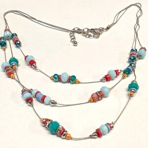 Vtg Layered Beaded Necklace SilverTone Faceted Glass Rhinestones Boho Teal Blue